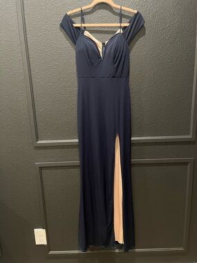Off-Shoulder Navy Evening Gown with Front Slit